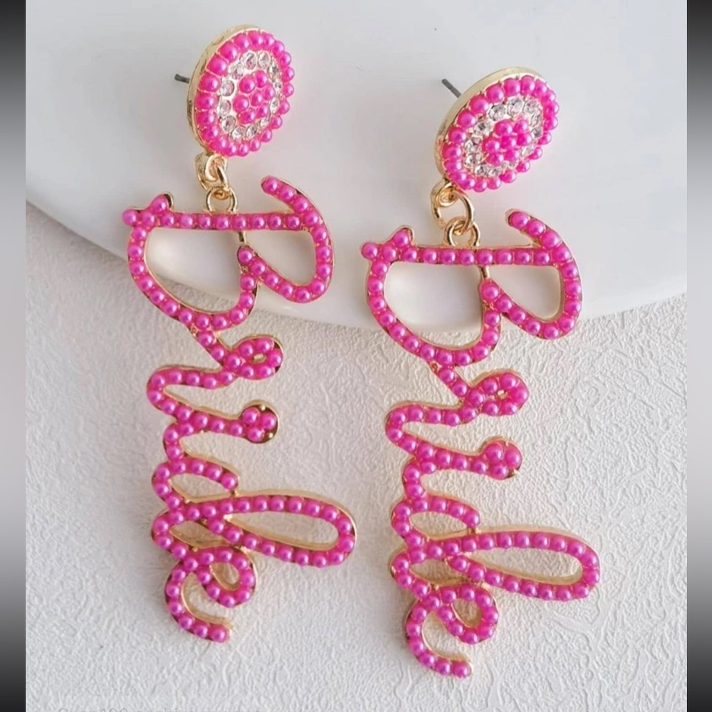 BRIDE statement earrings pink barbie bachelorette party wedding engagement